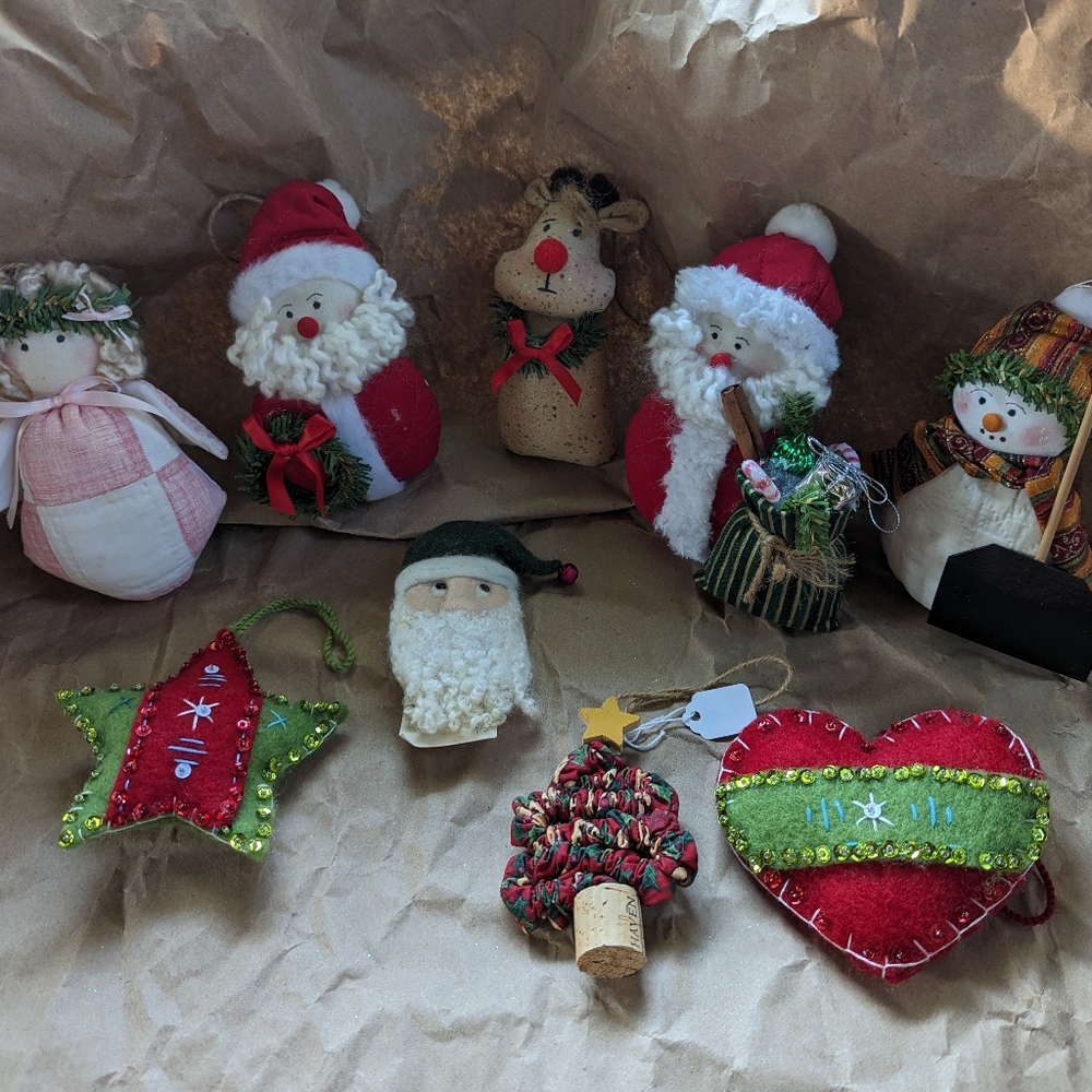 Handcrafted Christmas ornaments .